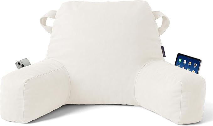 Unisakey Portable Comfy Reading Pillows for Bed Sitting Up(Beige Oeko-Tex), Velvet Back Pillow with Arms & Pockets for Adults, Support Memory Foam Bed Pillow for Dorm/Reading/Watching/Gaming