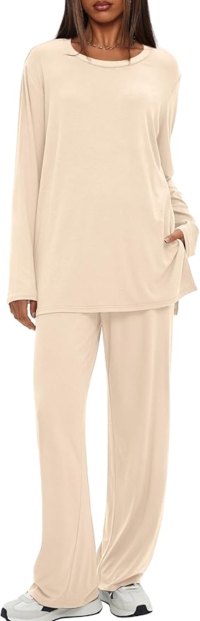 Darong Women's 2 Piece Lounge Set Casual Long Sleeve Crew Neck Tops Wide Leg Pants Travel Airport Outfit Matching Sets