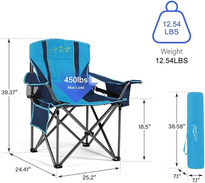 FAIR WIND Oversized Fully Padded Camping Chair for Heavy People with Lumbar Support, Heavy Duty Cooler Bag Fold Chair Support 450 LBS, Green