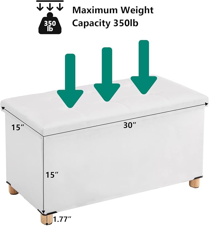 30 Inches Folding Storage Ottoman Bench, Velvet Storage Chest, Footrest Couch with Wooden Legs, Support 350lbs for Bedroom, Living Room, Hallway, White