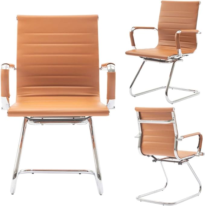 DM Furniture No Wheels Reception Chairs Leather Conference Chairs Back Support Heavy Duty Office Guest Chair, Set of 2 (Terracotta)