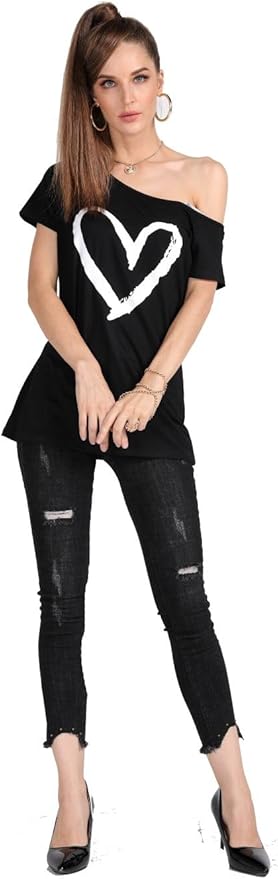 MAGICMK Women’s Short Lips Print Causal Off The Shoulder Plus Size T-Shirt Tops