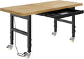 60" Heavy Duty Work Bench with Wheels, Adjustable Height Workbench with Drawers, 2000 LBS Capacity Work Table with Power Outlets for Garage, Workshop, Office, Home