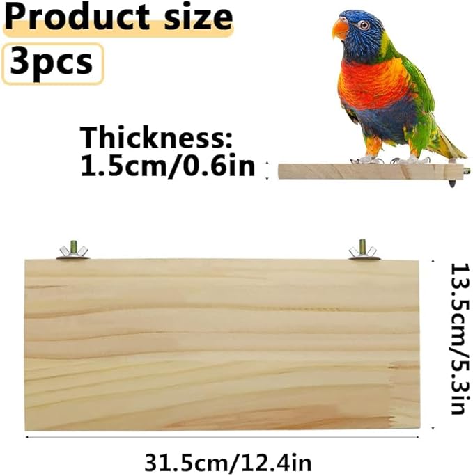 Voittozege 3 Pack Bird Perch Stand 12.4×5.3 Inch- Rectangular Wood Platform Wood Perch Stand Board Shelf for Parrot, Lovebird, Hamster, Guinea Pig, Chinchilla