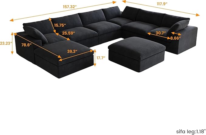 8 Seater Cloud Sectional Couch, Oversize Modular Sofa, Modern Comfy Cloud Sofa with Storage Ottomans, Covers Removable, Convertible Sleeper Couch for Living Room Apartment (Black, Linen Fabric)
