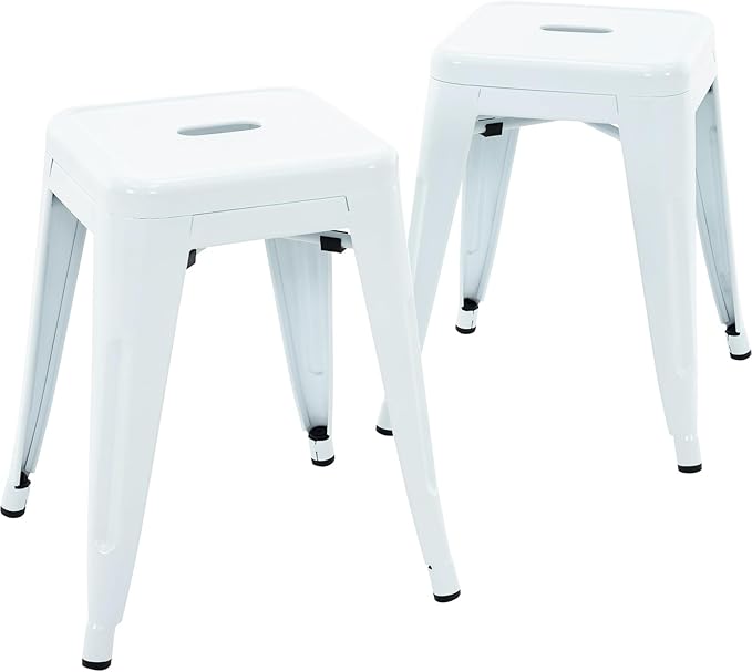 Brage Living 18 Inch Industrial Metal Stools Set of 2, Short Stackable Classroom Stools, Backless Metal Dining Chairs for Indoor Outdoor, Kitchen (White)