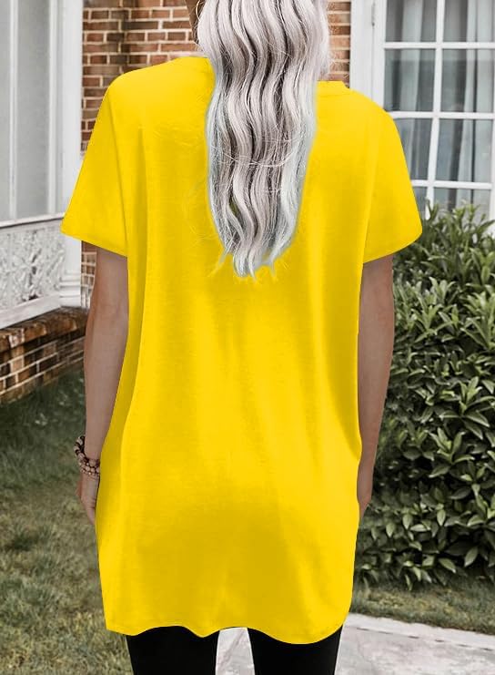 Poetsky Summer Womens Tunic Tops for Leggings with Pockets Short Sleeve Casual Long T Shirts S-3XL