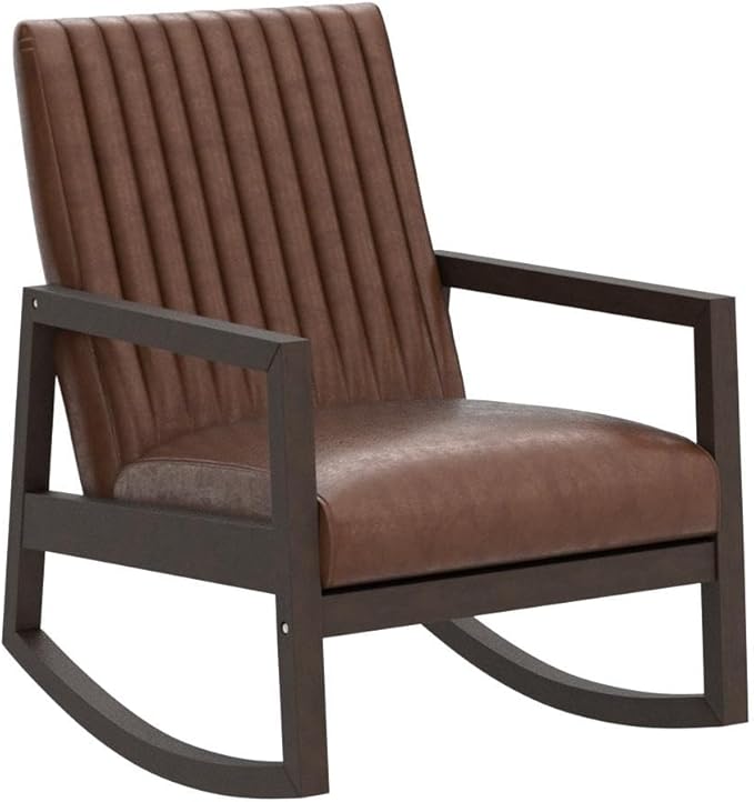 CIMOTA Leather Modern Rocking Chair Mid Century Armchair Upholstered Arm Chair with Padded Seat/Wood Frame, Comfy Rocker for Living Room/Bedroom, Retro Dark Brown PU