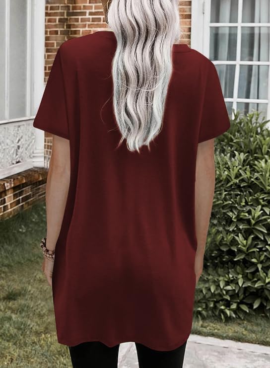 Poetsky Summer Womens Tunic Tops for Leggings with Pockets Short Sleeve Casual Long T Shirts S-3XL
