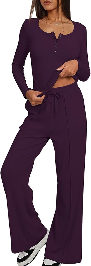 Darong Womens 2 Piece Matching Lounge Sets 2026 Long Sleeve Henley Shirts Wide Leg Pants Airport Travel Outfits