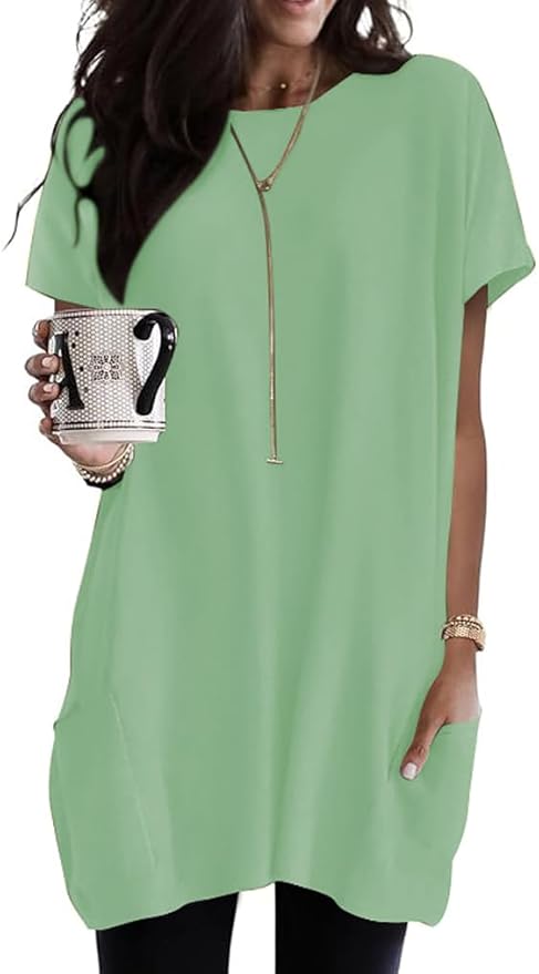 Poetsky Summer Womens Tunic Tops for Leggings with Pockets Short Sleeve Casual Long T Shirts S-3XL