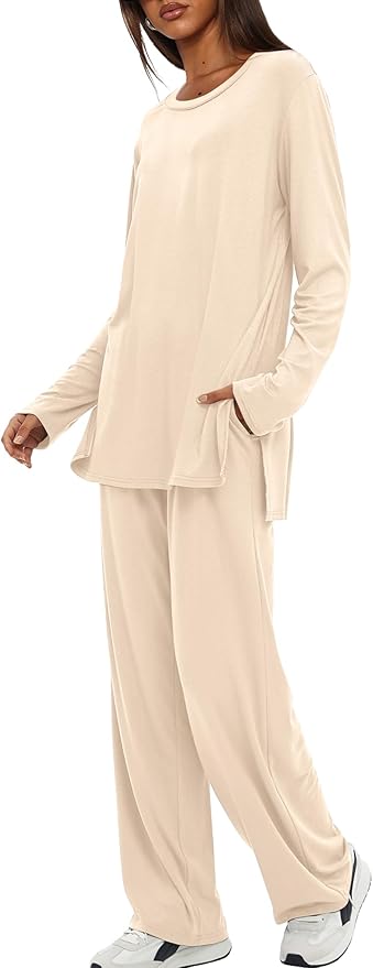 Darong Women's 2 Piece Lounge Set Casual Long Sleeve Crew Neck Tops Wide Leg Pants Travel Airport Outfit Matching Sets
