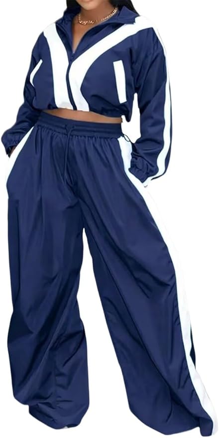 Women Striped 2 Piece Outfits Fall Workout Sets Windbreaker Tracksuit Crop Jacket Wide Leg Pants with Pockets