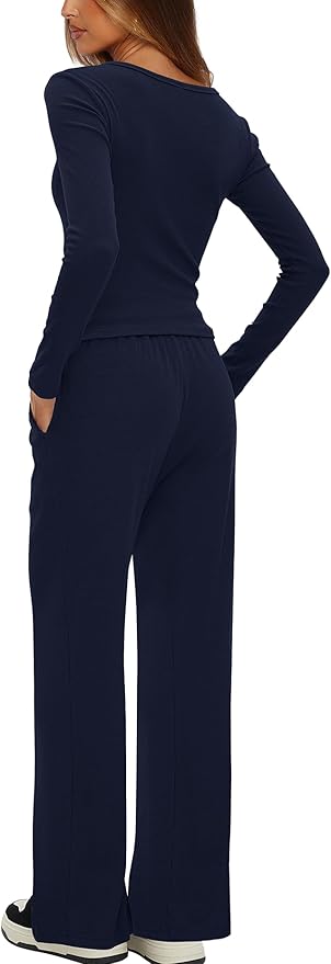 Darong Womens 2 Piece Matching Lounge Sets 2026 Long Sleeve Henley Shirts Wide Leg Pants Airport Travel Outfits
