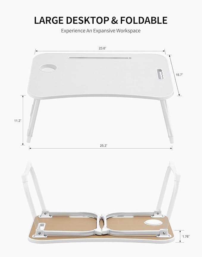 ZEAPTAC Laptop Bed Desk, Foldable Lap Desk, Portable Lap Table, Laptop Stand with Cup Holder & Tablet Slot & Lifting Handle for Working Writing Drawing & Eating - White
