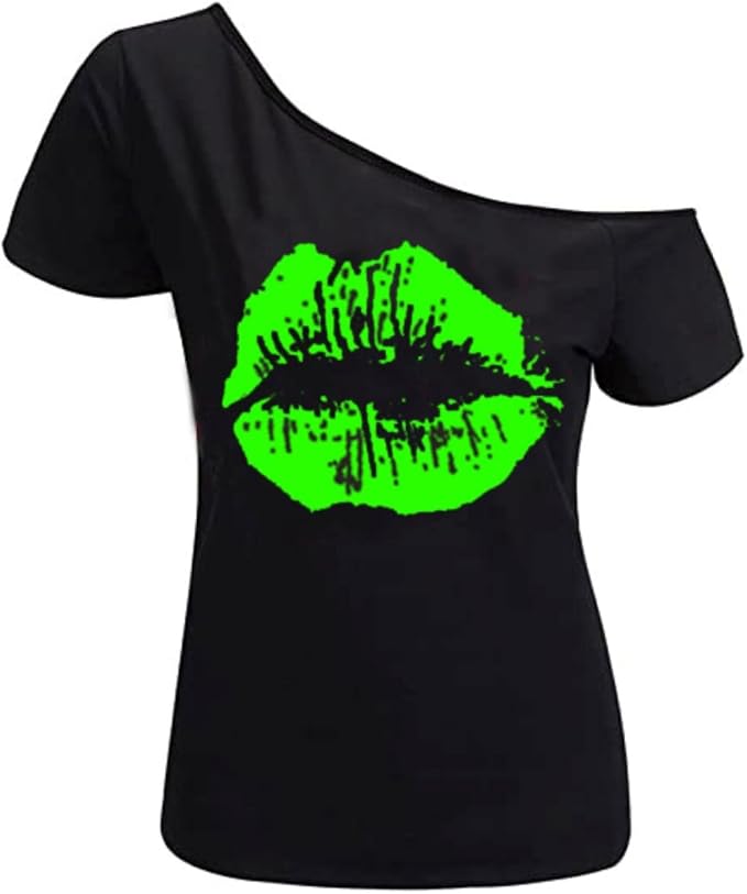 MAGICMK Women’s Short Lips Print Causal Off The Shoulder Plus Size T-Shirt Tops