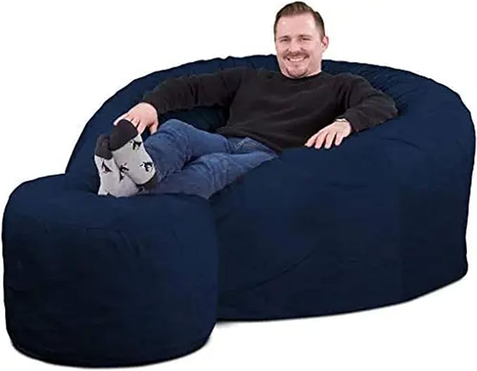 ULTIMATE SACK 5000 5-Foot Bean Bag Chair with Footstool, Navy Suede Cover – Oversized Foam Lounger, Floor Seat, Small Sofa, or Couch Bed for Living Area, Gaming Room, or Reading Lounge