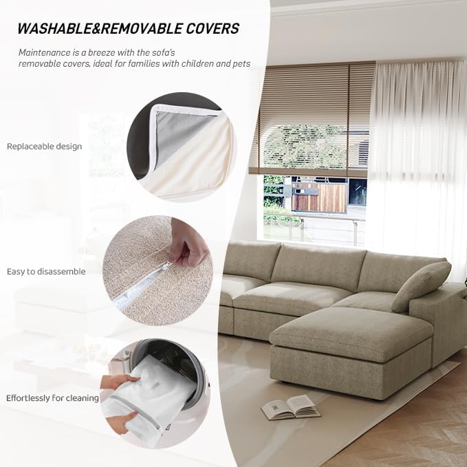 120.45" Cloud Modular Sectional Sofa with Storage Ottoman, L Shaped Minimalist Convertible Couch Deep Seat Sofa for Living Room Sofa Sets-Khaki
