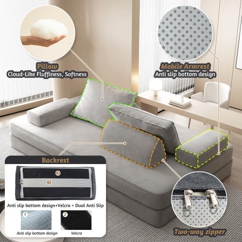 87" Foldable Floor Couch, 3-Seat Convertible Sleeper Sofa with Removable Backrests and 2 Soft Pillows, Chenille Fabric, for Living Room, Bedroom, Apartment, No Assembly Required, Light Grey