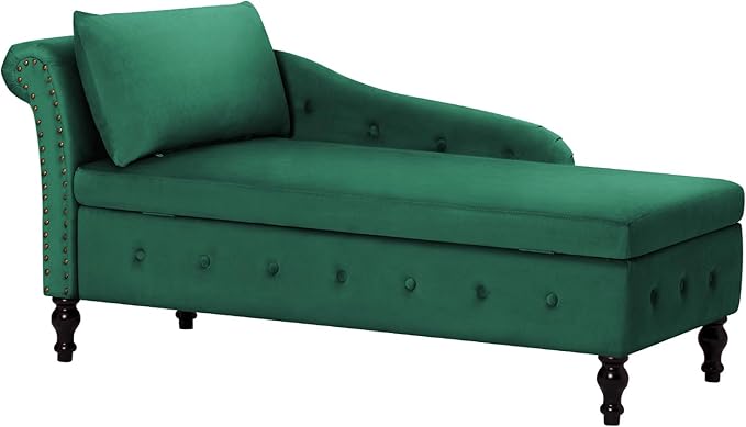 ACMEASE Upholstered Chaise Lounge with Left Armrest & Lumbar Pillow,Button Tufted Lounge Sofa with Storage,Lounge Chair Indoor,Modern Velvet Lounge Chair for Bedroom, Living Room and Office,Green