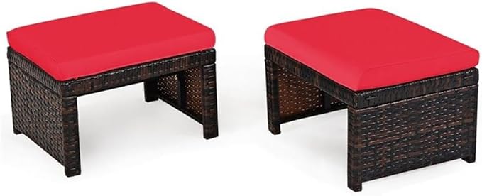 Pemberly Row Patio Rattan Ottomans/Footrests in Red Cushioned Seat (Set of 2)
