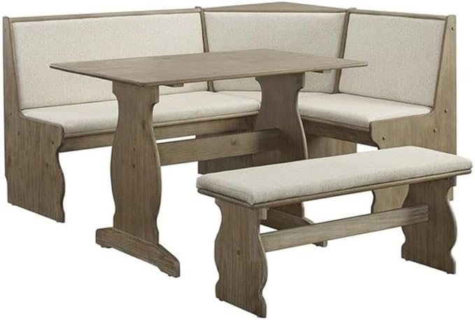 Riverbay Furniture Patio Conversation Indoor 3 Piece Kitchen Breakfast Corner Table Booth Bench Natural Fabric Upholstered Dining Nook Set in Brown