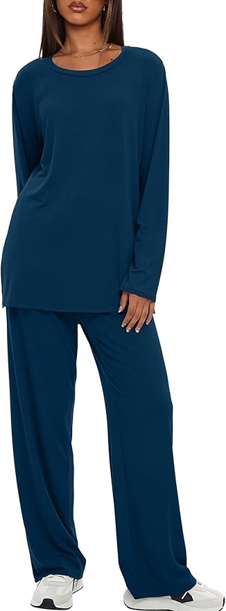 Darong Women's 2 Piece Lounge Set Casual Long Sleeve Crew Neck Tops Wide Leg Pants Travel Airport Outfit Matching Sets