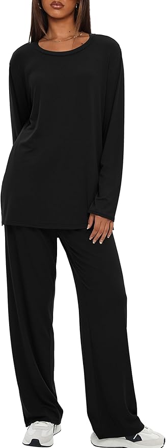 Darong Women's 2 Piece Lounge Set Casual Long Sleeve Crew Neck Tops Wide Leg Pants Travel Airport Outfit Matching Sets