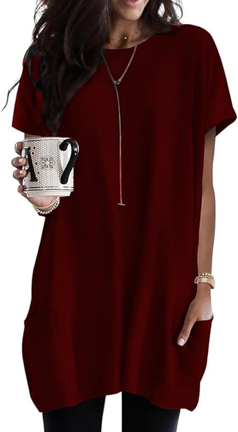 Poetsky Summer Womens Tunic Tops for Leggings with Pockets Short Sleeve Casual Long T Shirts S-3XL