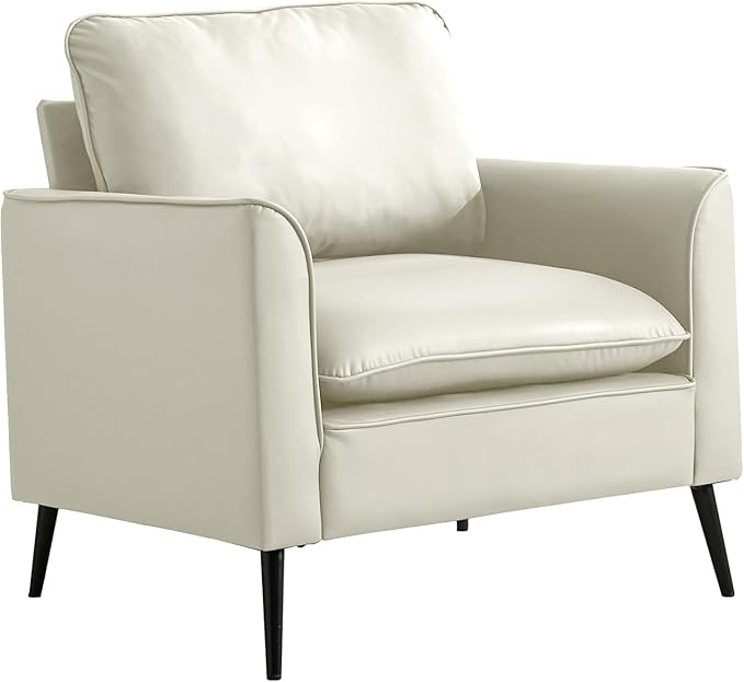 YISHENG Mid-Century Modern Living Room Accent Chairs Set of 2 - Oversized Faux Leather Armchairs with Removable Cushions & Metal Legs, Comfortable Sofas for Office/Lounge/Bedroom/Reception,Cream