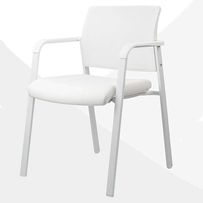 CLATINA Mesh Back Stacking Arm Chairs, Office Reception Guest Chair, Desk Chair No Wheels Ergonomic Lumbar Support and Thickened Seat Cushion for Waiting Conference Room White(1 Pack)