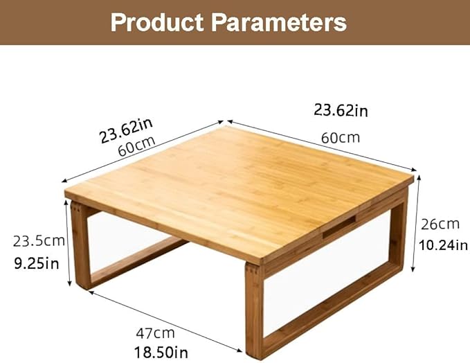 Foldable Low Table Bamboo Japanese-Style Coffee Table Square Tea Table Household Kang Small Dining Table Kids Art Meditation Table, for Tatami Bedroom Bay Window (Size:23.6 * 23.6 * 10.2in)