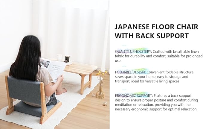 Japanese Floor Chair with Back Support, Foldable Meditation Chair, Legless Tatami Chair with Cushion, Floor Seat for Living Room, Bedroom, Bay Window (1, Dark Gray)