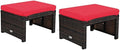 Pemberly Row Patio Rattan Ottomans/Footrests in Red Cushioned Seat (Set of 2)