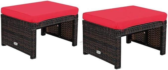 Pemberly Row Patio Rattan Ottomans/Footrests in Red Cushioned Seat (Set of 2)
