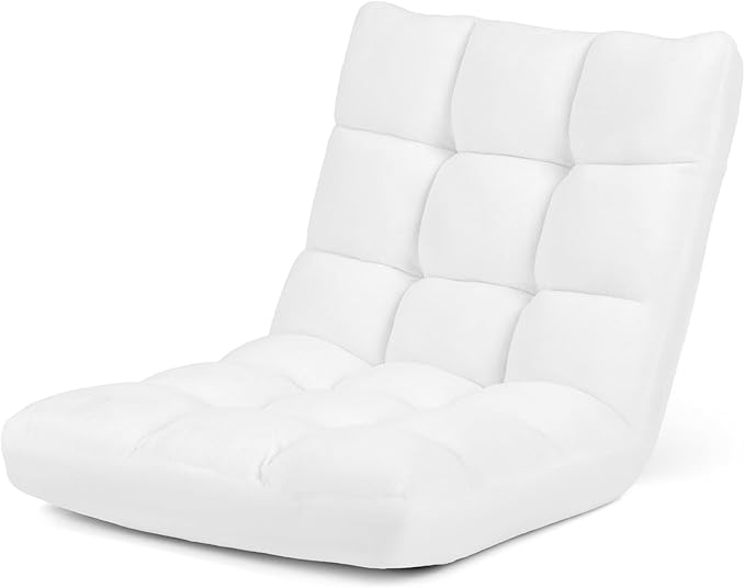 COSTWAY Floor Chair, Video Gaming Chairs with Back Support, Adjustable 14-Position, Alloy Steel Frame, Soft Coral Fleece, Lazy Sofa Lounge for Reading Living Room Recliner for Adults Kids (White)