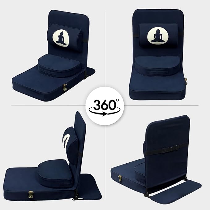 Friends Of Meditation Buddha Meditation Chair – Portable Folding Yoga Chair for Adults with Detachable Back Support & Zafu Cushion, Ergonomic Meditation Seat, Navy Blue