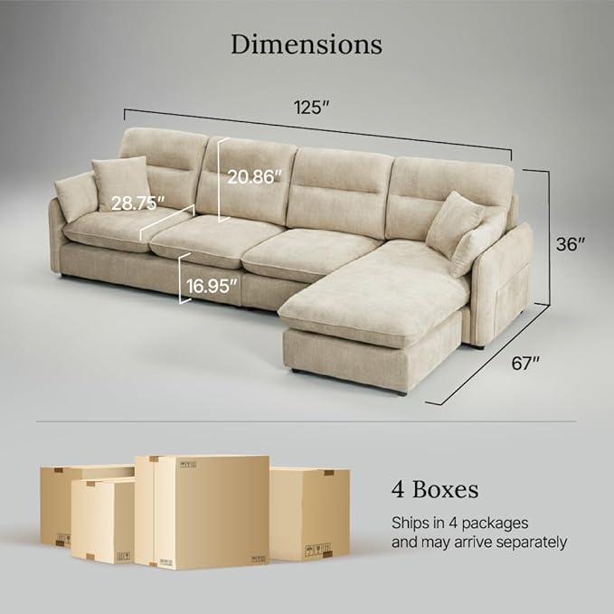 125" L-Shaped Sectional Sofa with Soft Cushion, Cloud-Style Deep Seat Couch for Living Room, for Apartment & Family Room - Modern Oversized, Beige - EDENLAND Signature