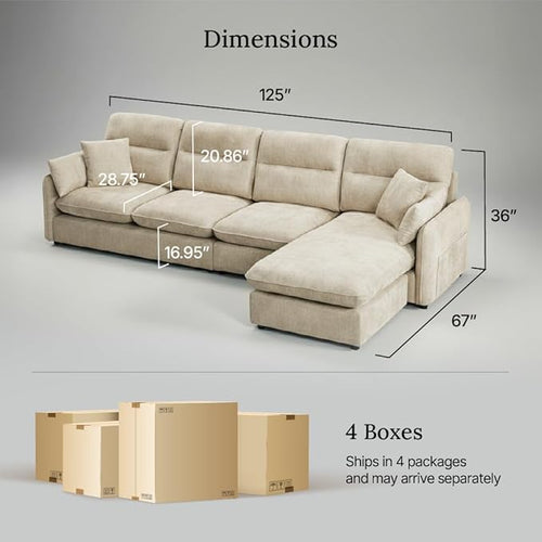 125" L-Shaped Sectional Sofa with Soft Cushion, Cloud-Style Deep Seat Couch for Living Room, for Apartment & Family Room - Modern Oversized, Beige - EDENLAND Signature