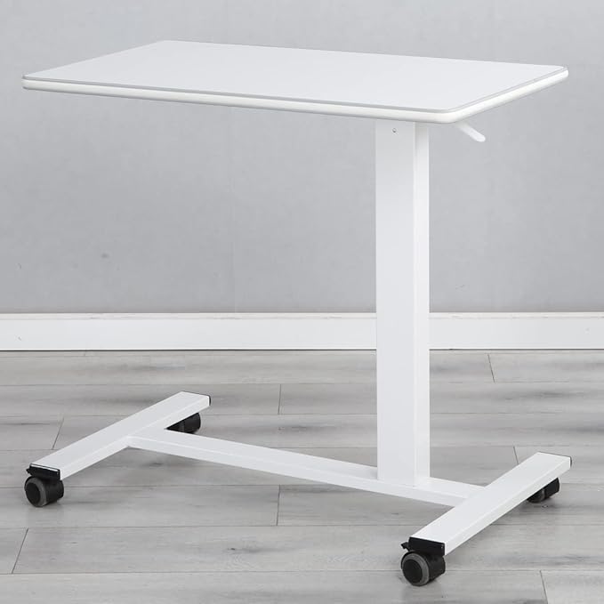 TigerDad Pneumatic Adjustable Overbed Table with Gas Spring Riser | Medical Adjustable Bed Side Table with Wheels | Portable Standing Desk for Laptop Computer with Large Work Space 30.7"x 17"