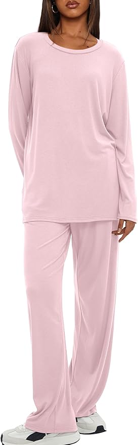Darong Women's 2 Piece Lounge Set Casual Long Sleeve Crew Neck Tops Wide Leg Pants Travel Airport Outfit Matching Sets