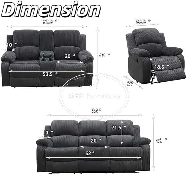 Manual Reclining Sofa Set with Drop-Down Table, Corduroy Sofa Sets, Living Room Furniture Sets, Modern Manual Recliner Sofa Sets with Storage Console for Living Room (Dark Grey, Sofa+Loveseat+Chair)