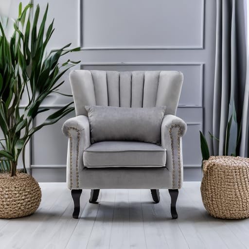 chairus Mid-Century Modern Accent Chair Comfy Single Sofa Chair Channel Back Armchair with Small Pillow for Living Roon Bedroom Club - Velvet, Grey