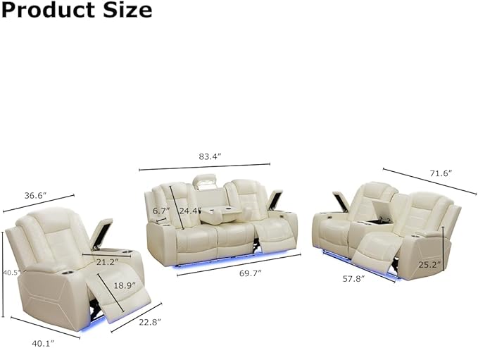 Toseslo Power Recliner Sofa and Loveseat Set, Leather Reclining Sofa Sectional Couches with Drop-Down Table, Living Room Furniture, Reclining Sofa with Cup Holders for House(Creamy White)
