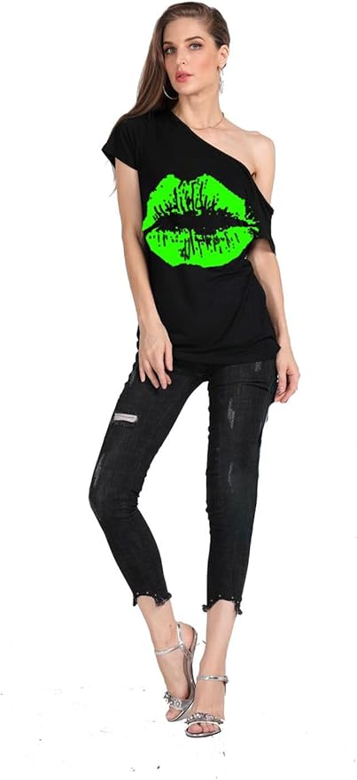 MAGICMK Women’s Short Lips Print Causal Off The Shoulder Plus Size T-Shirt Tops