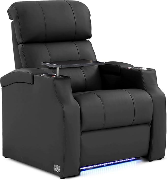 Weilianda Home Theater Seating, Top Grain Leather Sectional Seats Recliner Chair, Zero Gravity Reclining Sofa with Power Headrest 7 Colors Ambient Lighting USB C Charge Row of 1 Black