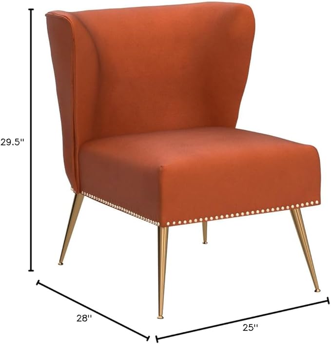 Container Furniture Direct Thia Armless Velvet Accent Chair for Living Room, Elegant Seat with Nailhead Trim, Gold Metal Legs and Comfortable Curved Back, 28" D x 25" W x 29.5" H, Orange Red