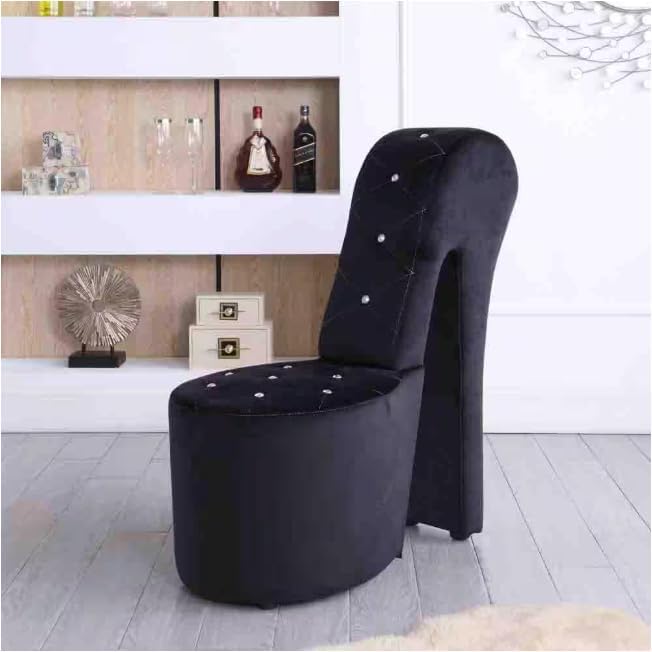 First of a Kind 19" Modern Shoe Chair - Crystal Studded Velvet High Heel Chair with Medium Firm Comfort - Luxurious Decor Addition for Bedroom, Living Room & Studio, (Black)