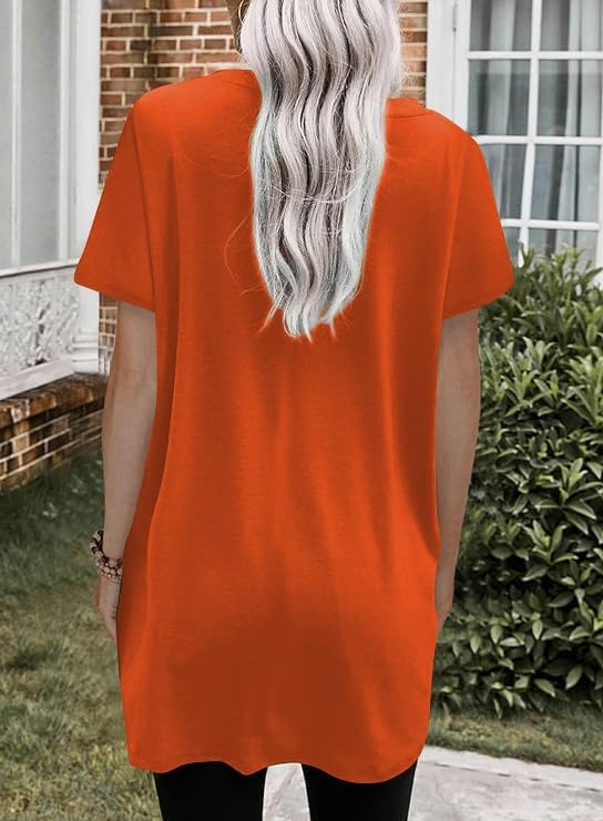 Poetsky Summer Womens Tunic Tops for Leggings with Pockets Short Sleeve Casual Long T Shirts S-3XL