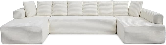 145" Oversized Cloud Boneless Sectional Sofa with Chaise, Corduroy U Shaped Modular Couch with Deep Seat, Fixed Frame Comfy Corner Sofa, No Assembly Required (Beige)